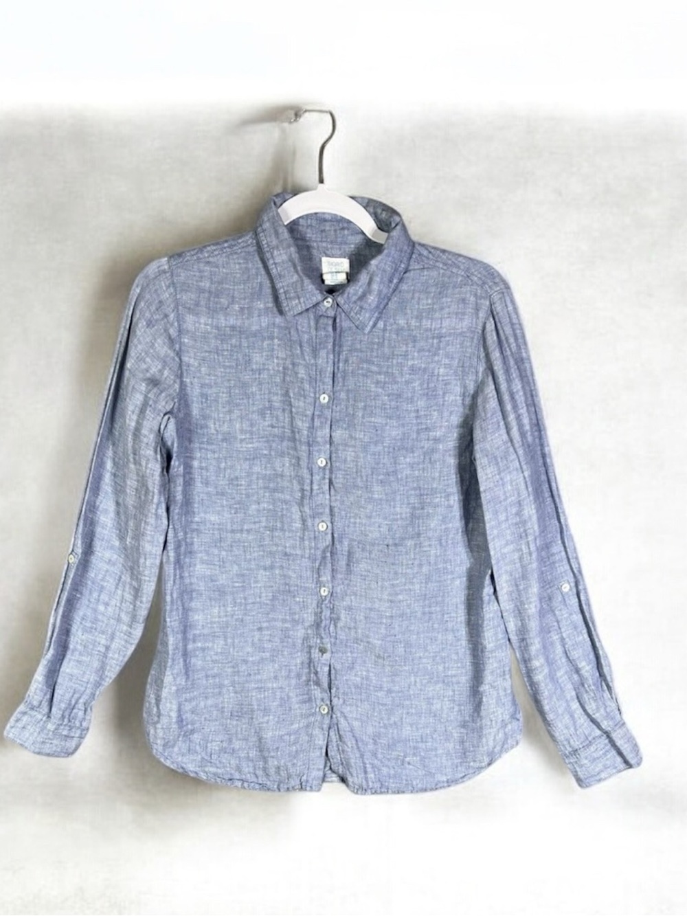 Sigred Olsen 100% Linen Chambray Blue Long Roll Tab Sleeve Button Down Blouse Lg